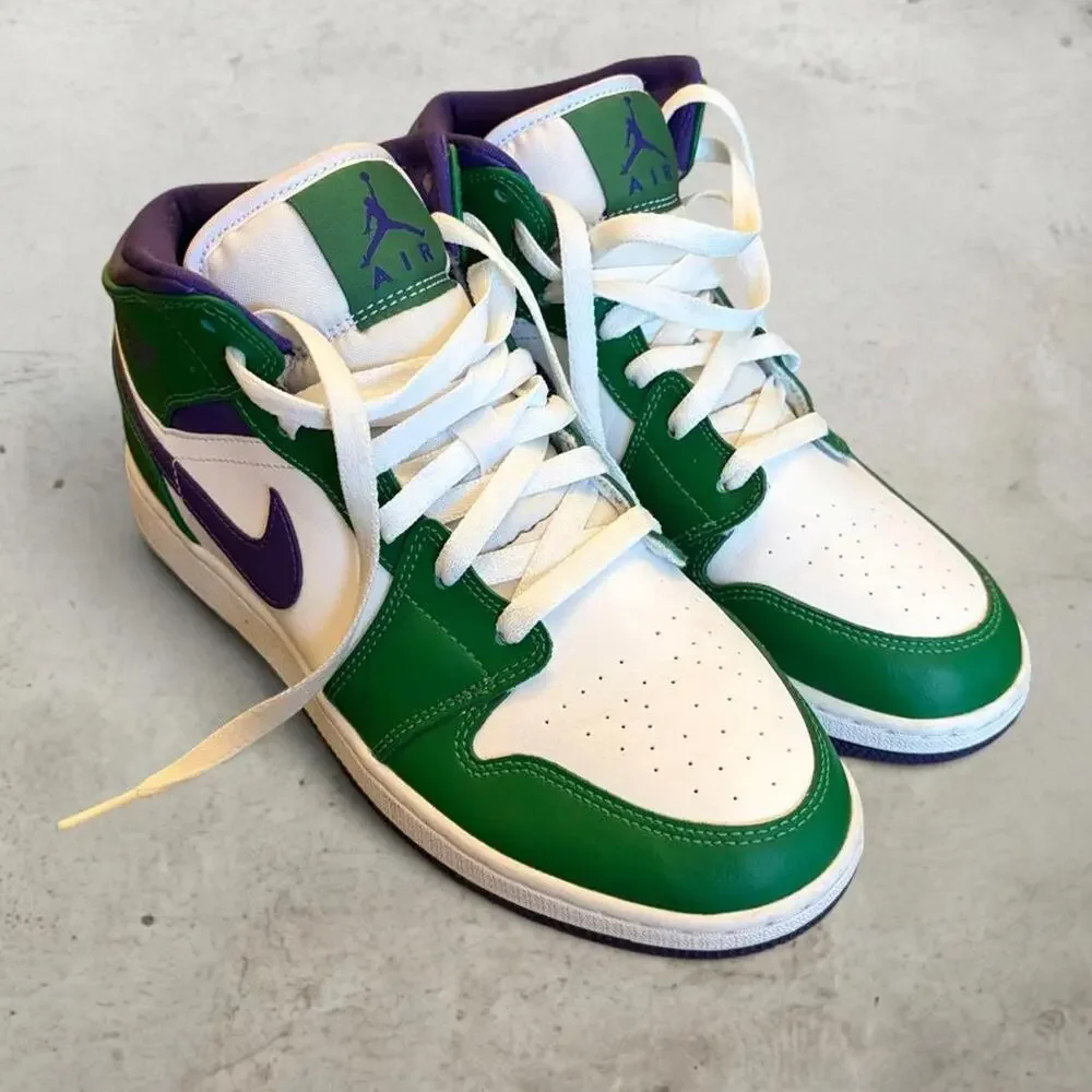 Air Jordan 1 Mid GS Lucky Green Purple Shoes 6.5Y 554725-300